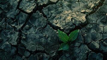 green leave in dried cracked mud photo