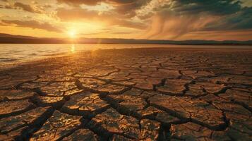 Global warming concept. dead tree under hot sunset drought cracked desert landscape photo