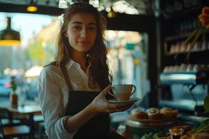 young waitress serving coffee at cafe photo