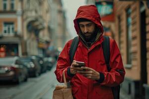 Food delivery man using smart phone on street in city photo