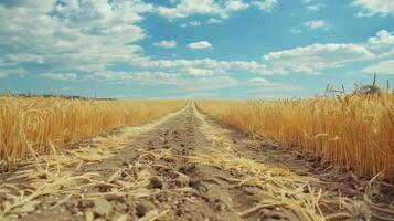 Dry cracked soil in vast summer oat field photo