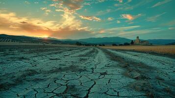 Cracked mud on farmland in central Spain photo