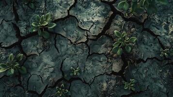 Cracked ground with small plants growing photo
