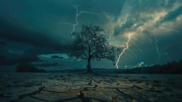 tierra a el suelo seco agrietado y grande árbol. con relámpago tormenta foto