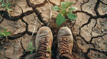 Hiking shoes on cracked soil with green grass background. photo