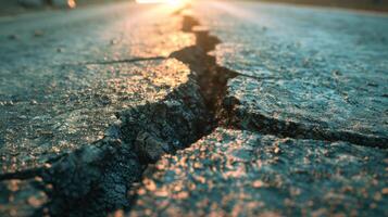 Crack of asphalt road after earthquake photo