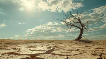 Dry cracked land with dead tree and sky in background a concept of global warming photo