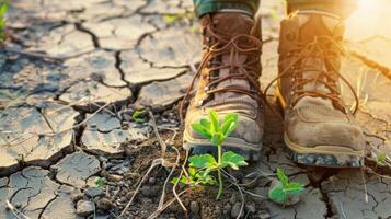 Hiking shoes on cracked soil with green grass background. photo