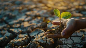 Seedling withers on dry land young mans hand brings change. photo