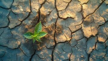 Plant growth in cracked mud during drought. Texture background. photo