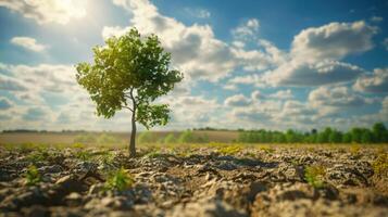 Dry country with cracked soil and growing tree symbolizes climate change. photo