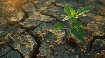 Plant growth in cracked mud during drought. Texture background. photo