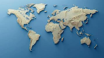 un mundo mapa desplegado en contra un sólido azul antecedentes foto
