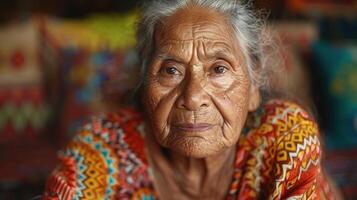 antiguo mujer con blanco pelo vistiendo vibrante bufanda foto