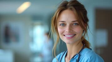 un mujer en profesional atuendo sonriente a el cámara mientras vistiendo un estetoscopio foto