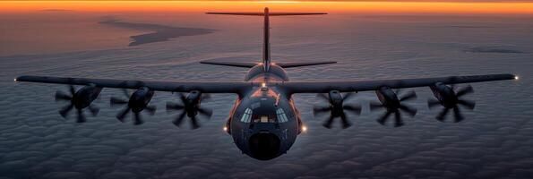 un masivo avión de reacción altísimo mediante un cielo lleno con denso nubes foto