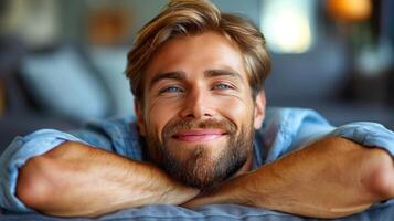 Close-up of a person reclining on a bed photo