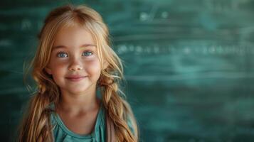 A young girl stands in front of a chalkboard, looking at the camera photo