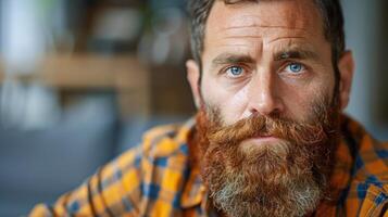 un de cerca Disparo de un persona con un lleno barba mirando directamente a el cámara foto