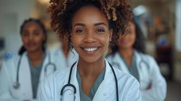 A woman in a white lab coat smiles at the camera photo