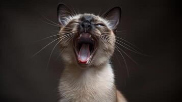 A cat with its mouth wide open in a yawn, displaying teeth and tongue photo