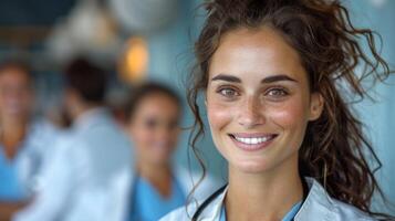 un mujer en médico matorrales sonrisas a el cámara foto