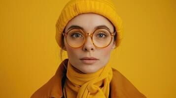 A woman with glasses wearing a yellow hat photo