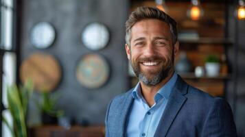 A man wearing a blue suit smiles for the camera photo