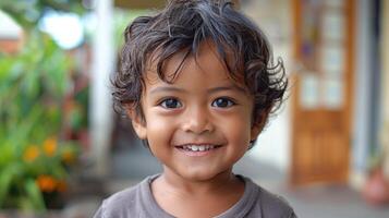 Close-up of a child with a joyful smile looking directly at the camera photo