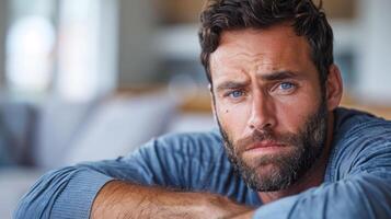Bearded man wearing a blue shirt photo