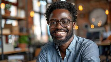 A man with a beard and glasses smiling happily photo