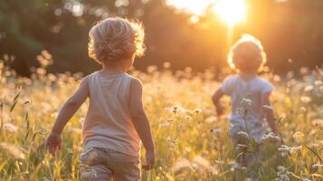 Two children, young, walking through a field of tall grass photo