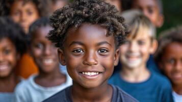 Collection of diverse young kids standing in a row next to each other photo