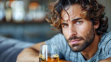 un hombre sostiene un vaso de vino mientras haciendo ojo contacto con el cámara foto