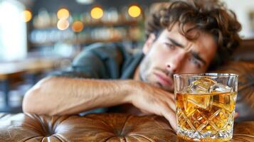 un hombre sentado a un mesa, participación un vaso de whisky foto