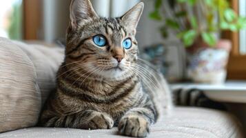 de ojos azules gato relajante en un sofá foto