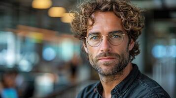 A man with curly hair and glasses making eye contact with the camera photo