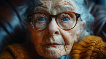 An elderly woman wearing glasses stares directly at the camera photo