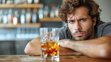 un hombre se sienta a un mesa, participación un vaso de whisky foto