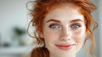 A detailed view of a womans face showing her freckled hair photo