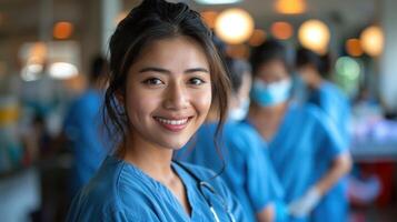 un mujer en médico matorrales sonrisas a el cámara foto