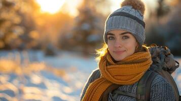 A woman stands in the snow, wearing a hat and scarf to stay warm photo