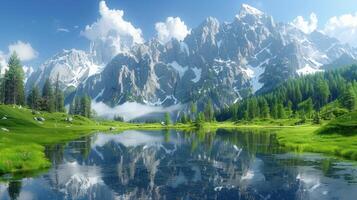 A painting depicting a mountain range with a lake in the foreground photo