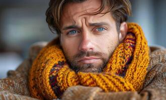 A close-up view of a person wearing a scarf, showing details of the fabric and pattern photo