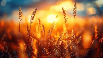 The sun setting in the background illuminates a vast field of grass photo