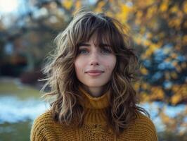 A close up of a person standing with a tree in the background photo