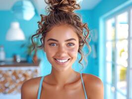 un mujer con Rizado pelo sonrisas a el cámara foto