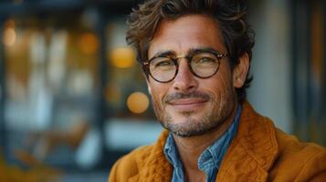 un hombre vistiendo lentes y un amarillo chaqueta foto