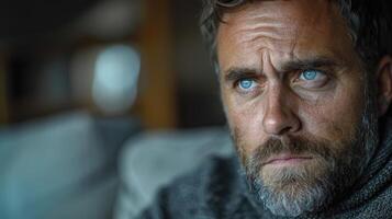 A close up of a mans face, showcasing piercing blue eyes photo