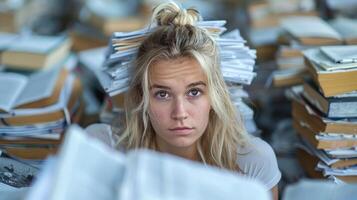 A woman seated in front of a large stack of books photo